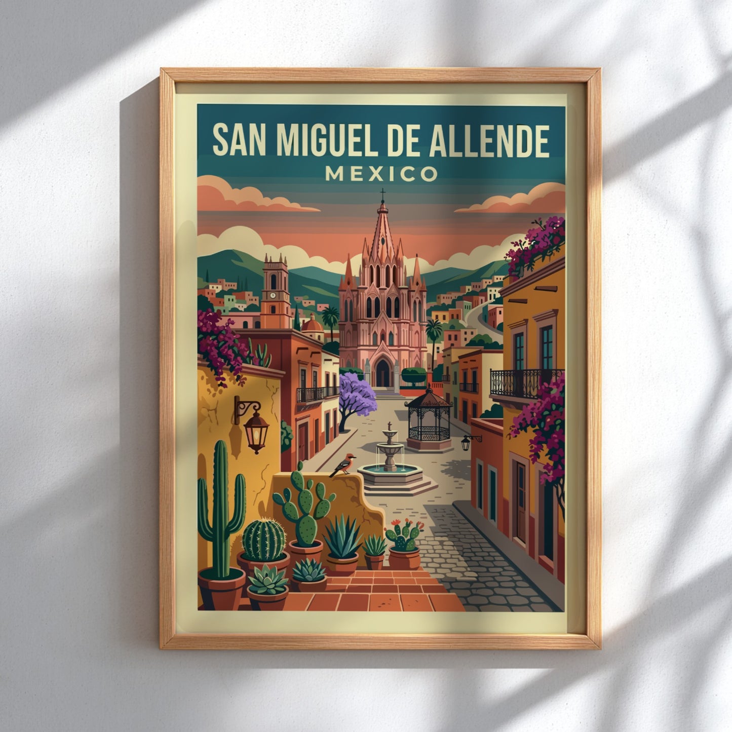San Miguel de Allende travel poster with colonial architecture, vibrant colors, and cacti.