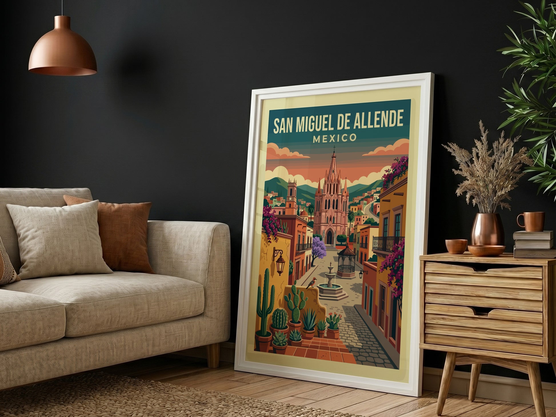 San Miguel de Allende travel poster with colonial architecture, vibrant colors, and cacti.