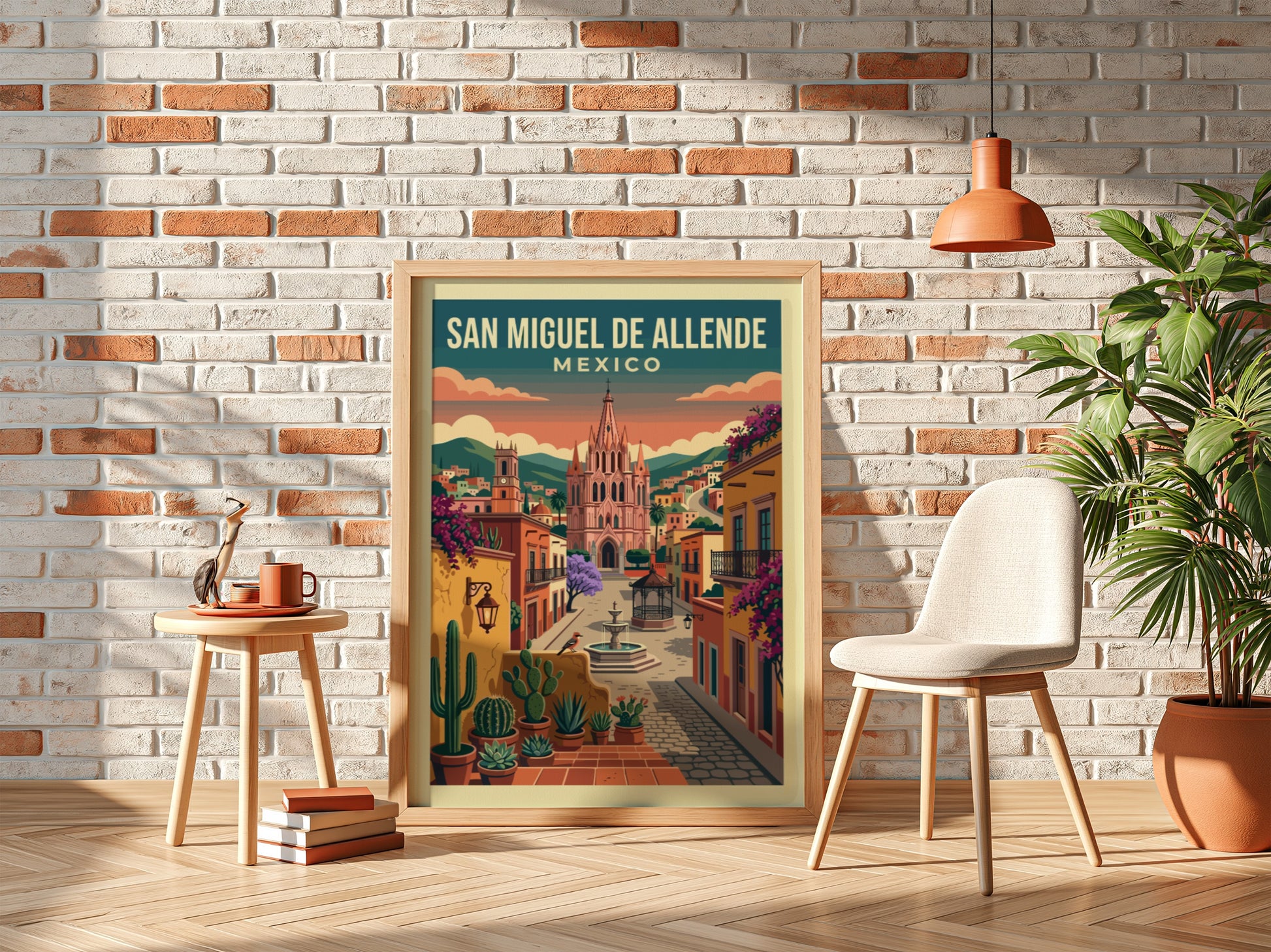 San Miguel de Allende travel poster with colonial architecture, vibrant colors, and cacti.