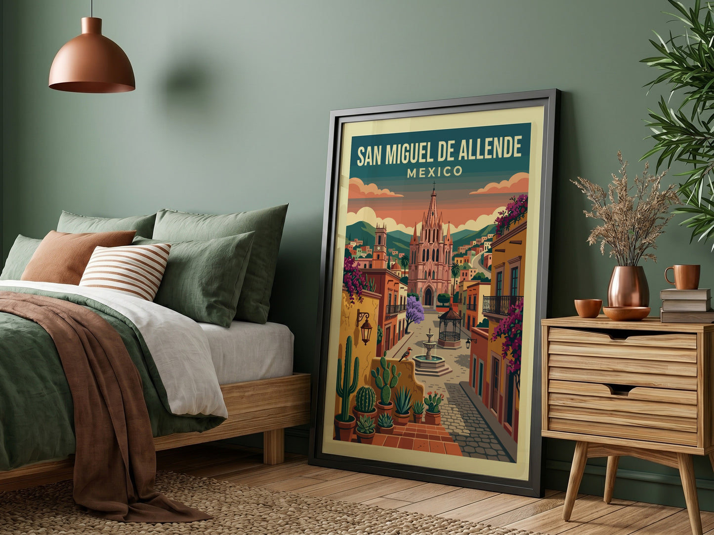 San Miguel de Allende travel poster with colonial architecture, vibrant colors, and cacti.