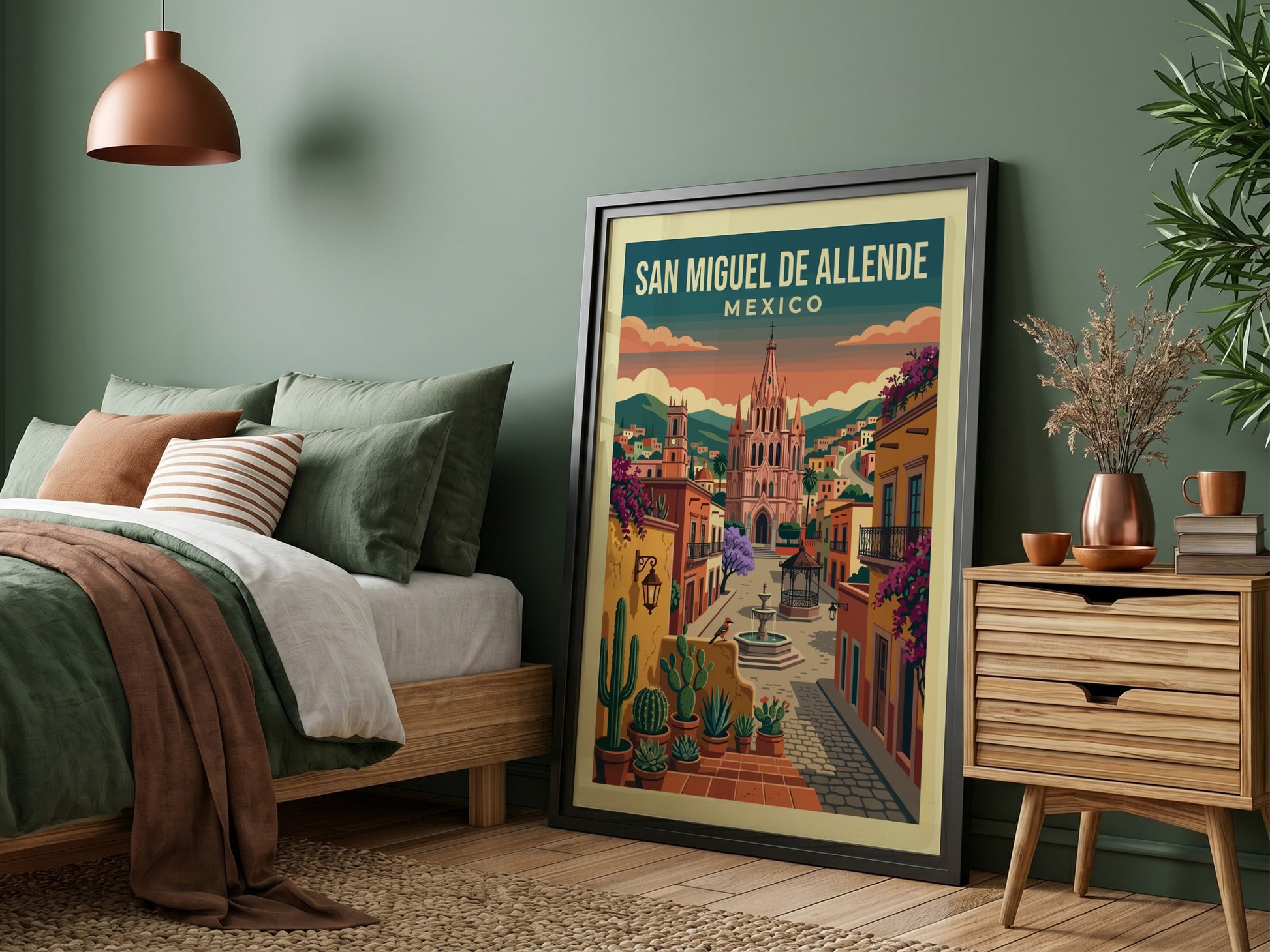 San Miguel de Allende travel poster with colonial architecture, vibrant colors, and cacti.