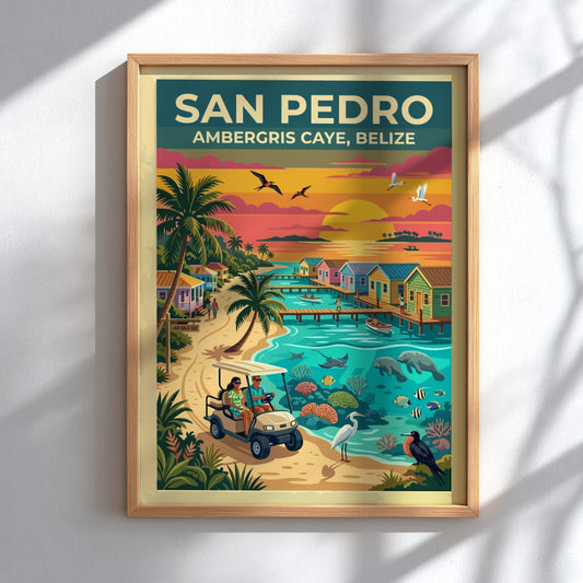 Travel poster of San Pedro Ambergris Caye Belize with golf cart and ocean.
