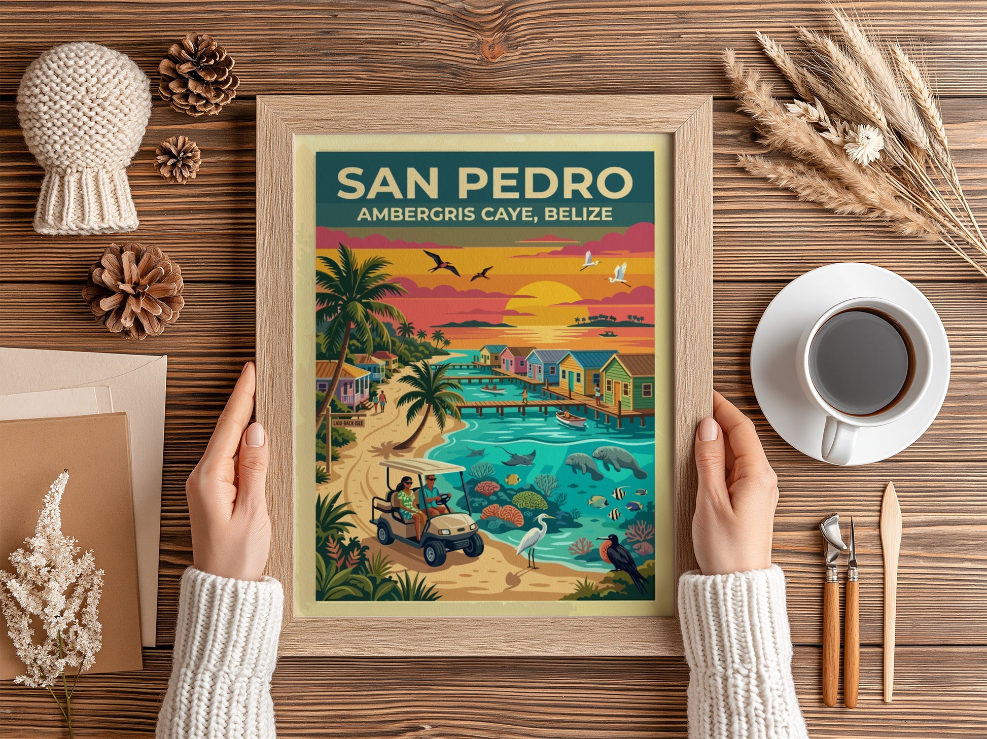 Travel poster of San Pedro Ambergris Caye Belize with golf cart and ocean.