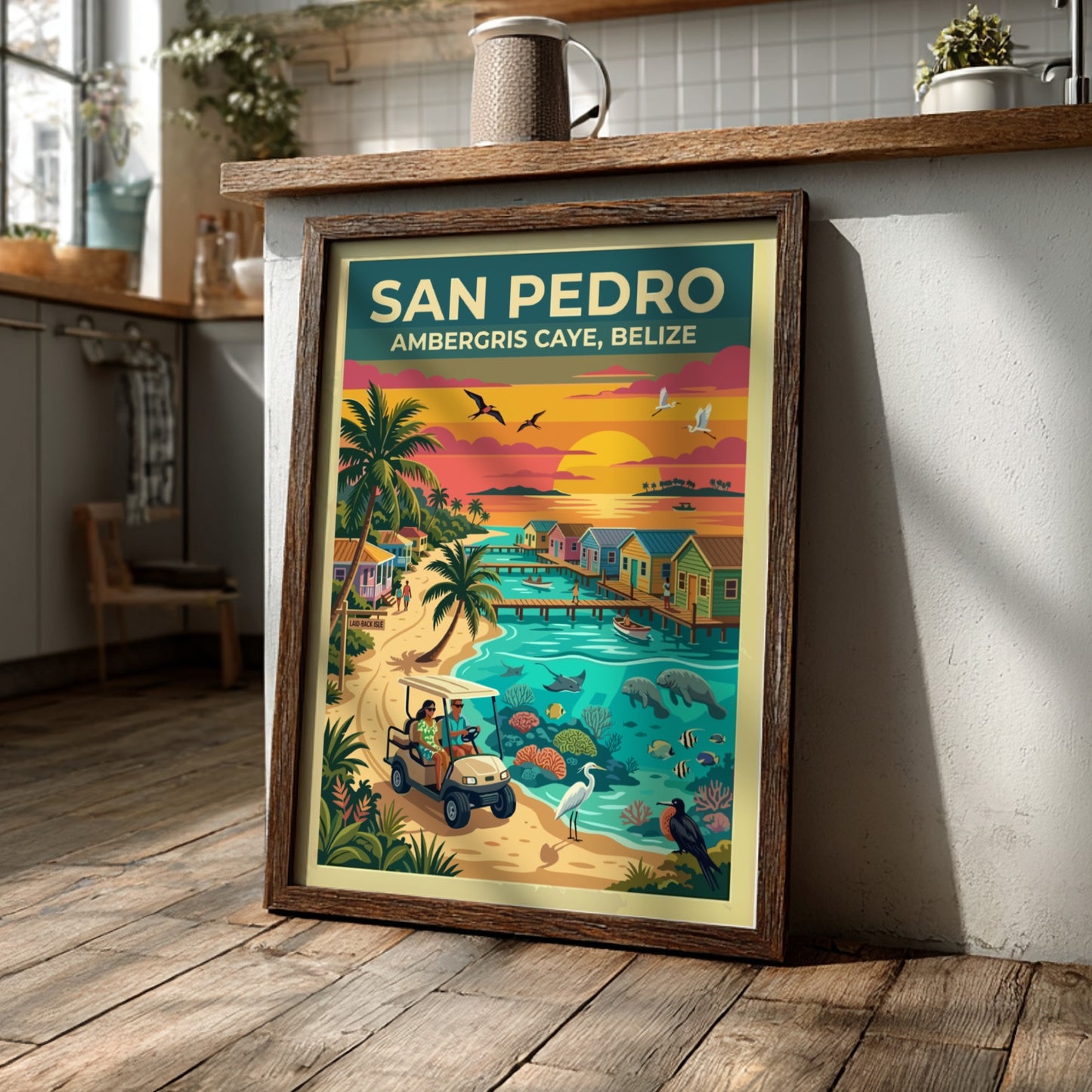 Travel poster of San Pedro Ambergris Caye Belize with golf cart and ocean.