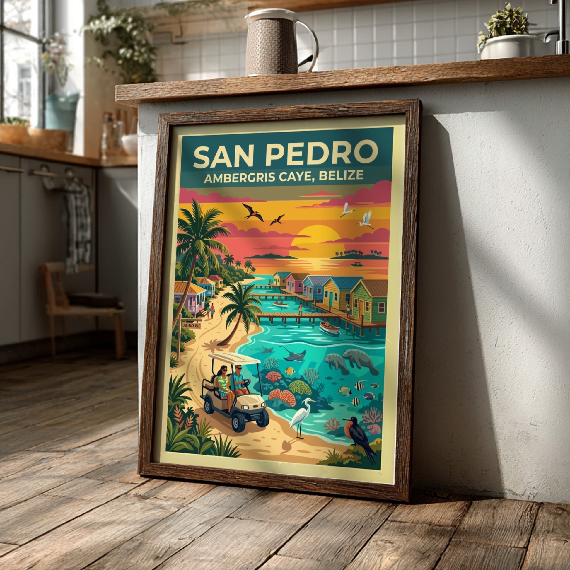 Travel poster of San Pedro Ambergris Caye Belize with golf cart and ocean.