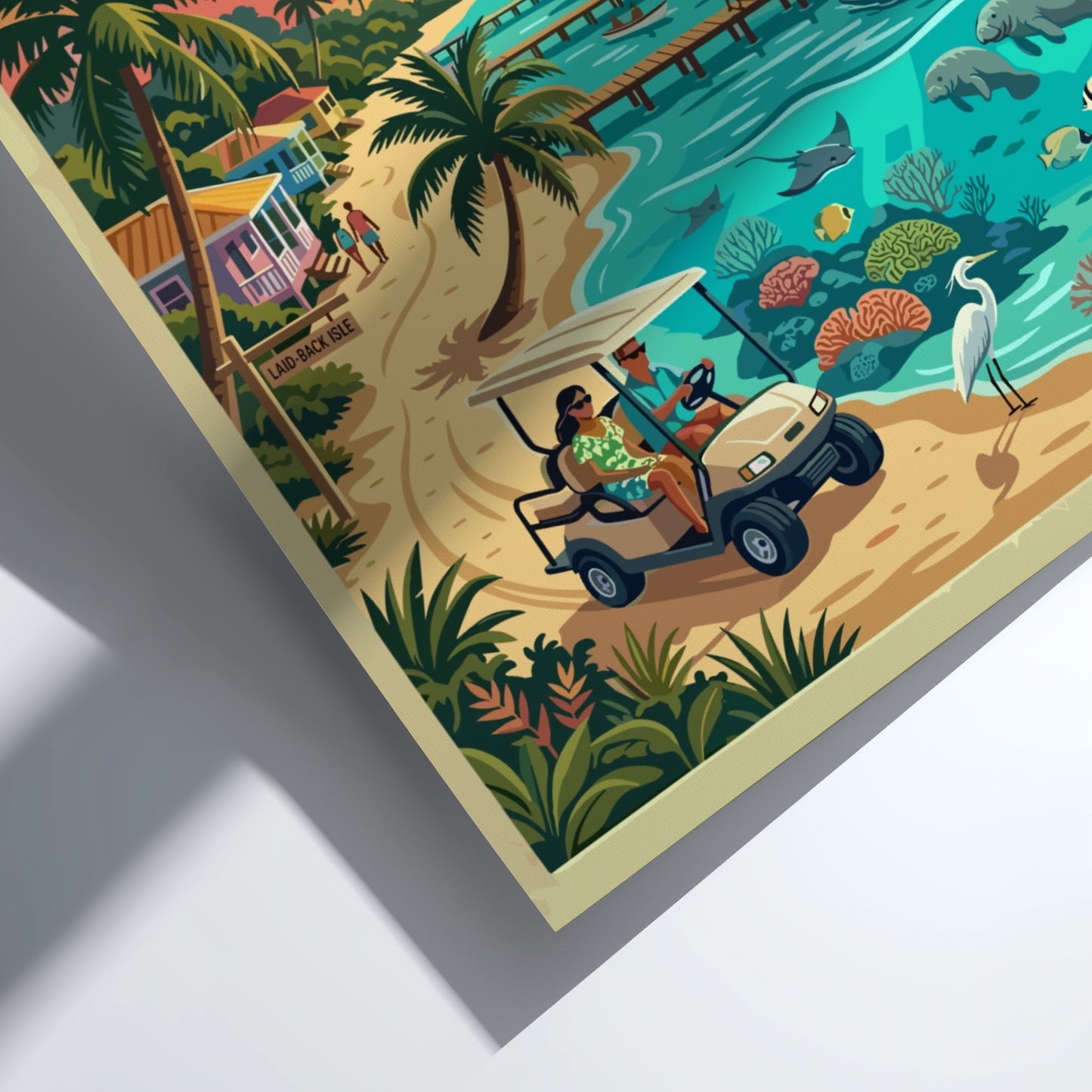 Travel poster of San Pedro Ambergris Caye Belize with golf cart and ocean.