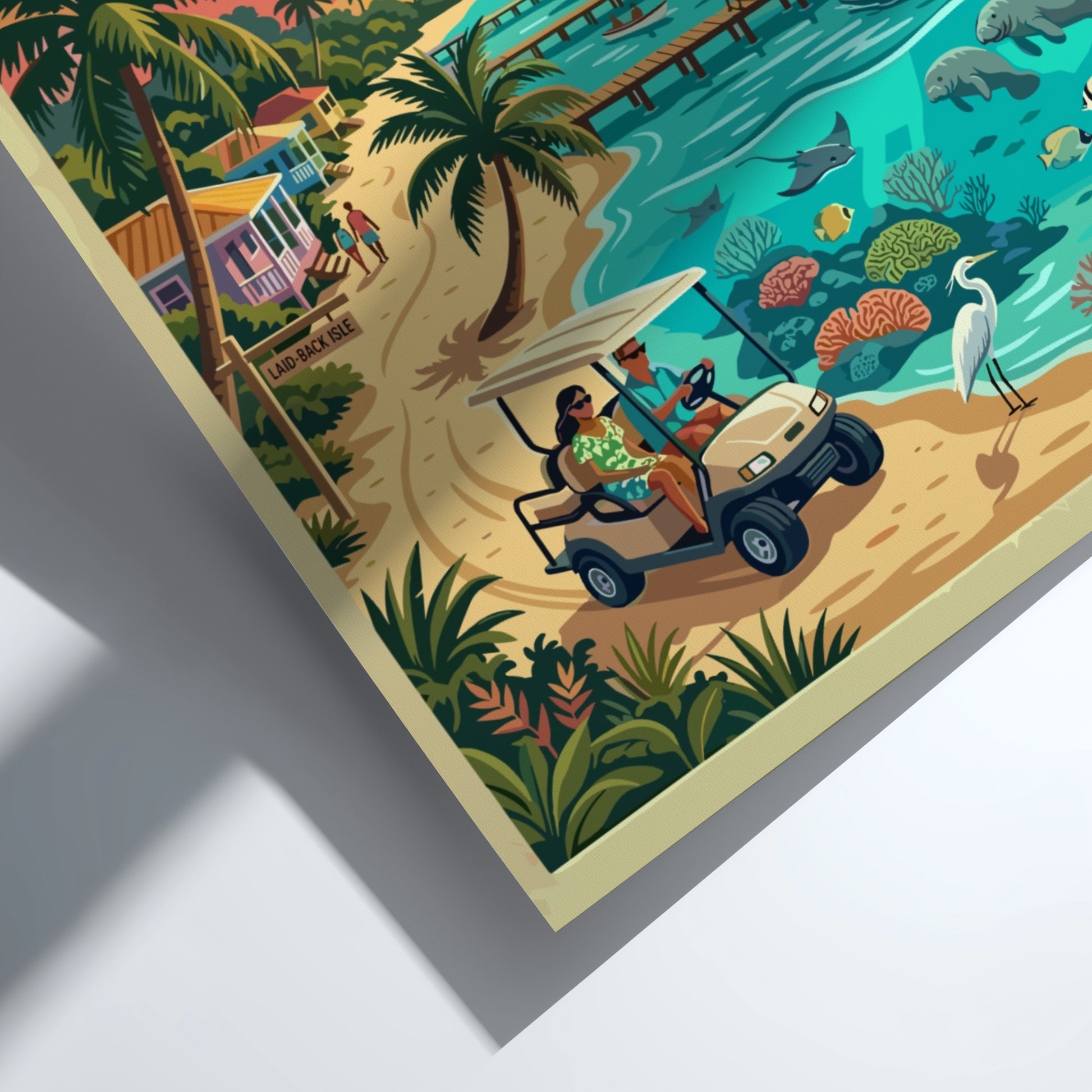 Travel poster of San Pedro Ambergris Caye Belize with golf cart and ocean.