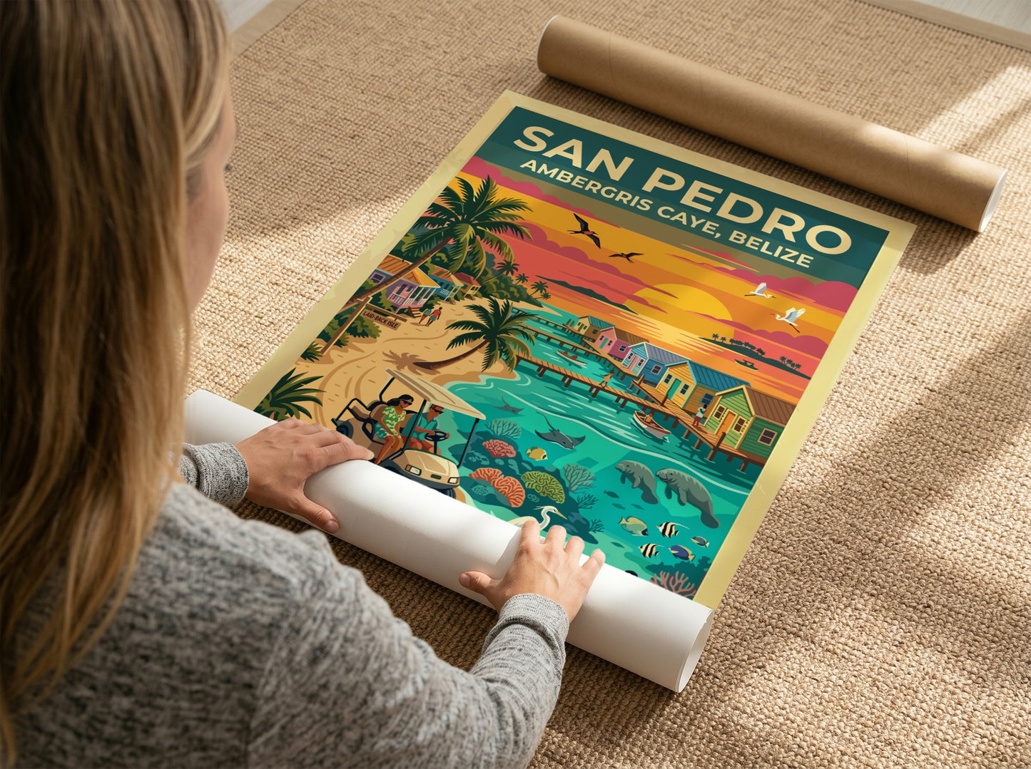 Travel poster of San Pedro Ambergris Caye Belize with golf cart and ocean.