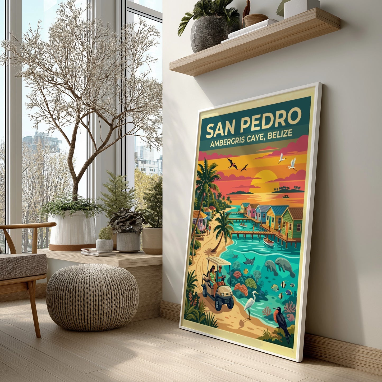 Travel poster of San Pedro Ambergris Caye Belize with golf cart and ocean.