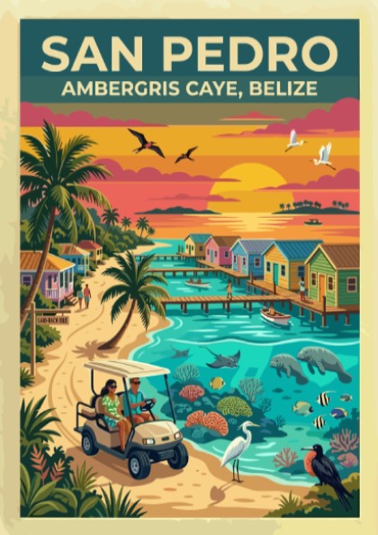 Travel poster of San Pedro Ambergris Caye Belize with golf cart and ocean.