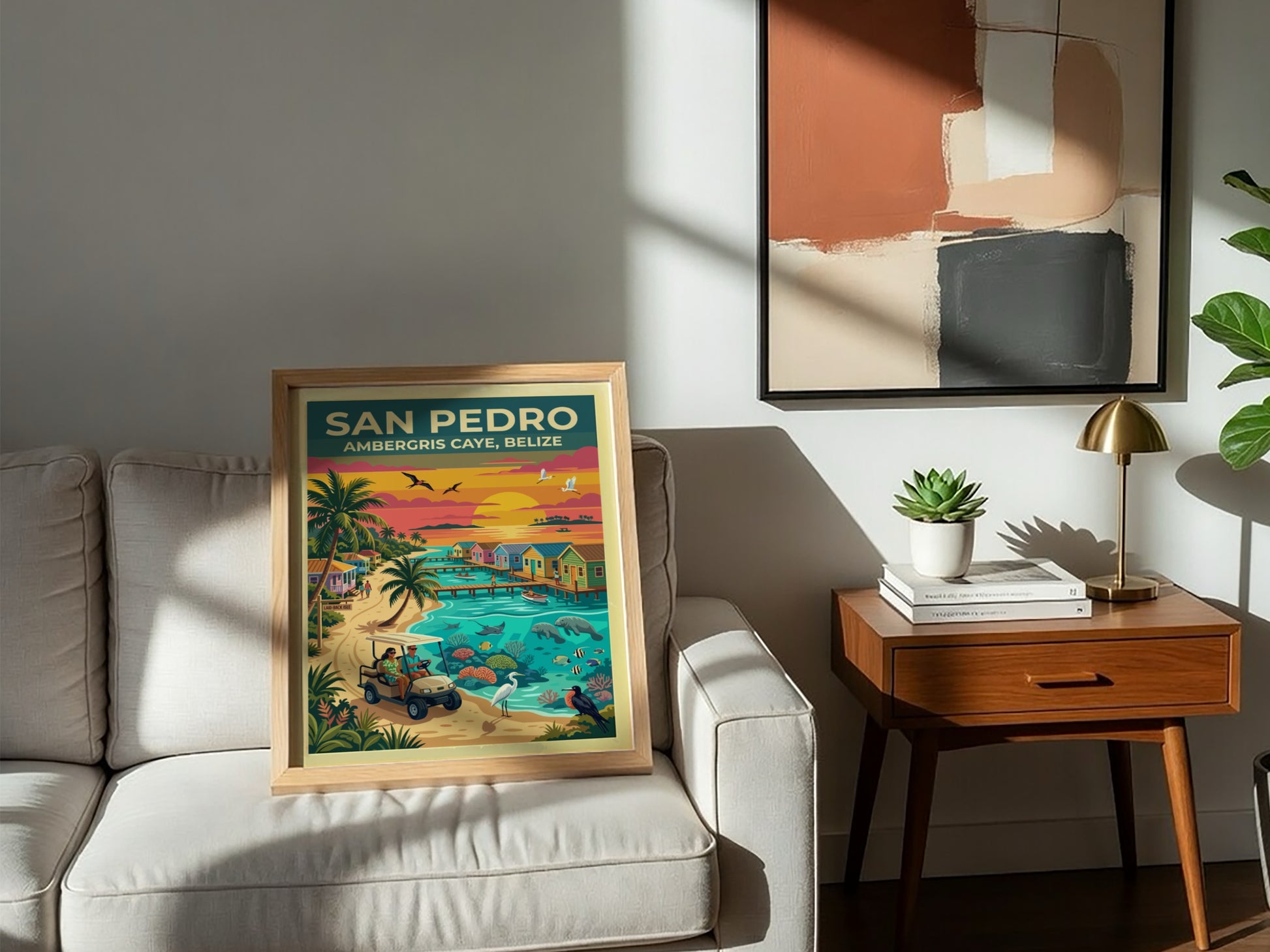 Travel poster of San Pedro Ambergris Caye Belize with golf cart and ocean.