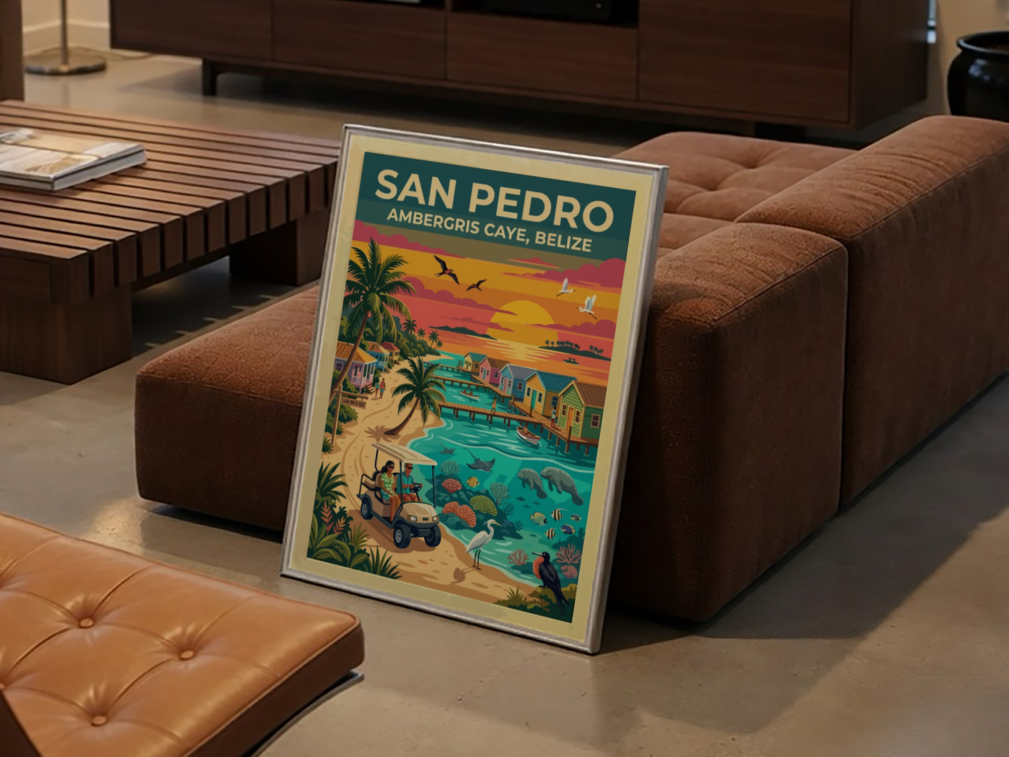 Travel poster of San Pedro Ambergris Caye Belize with golf cart and ocean.
