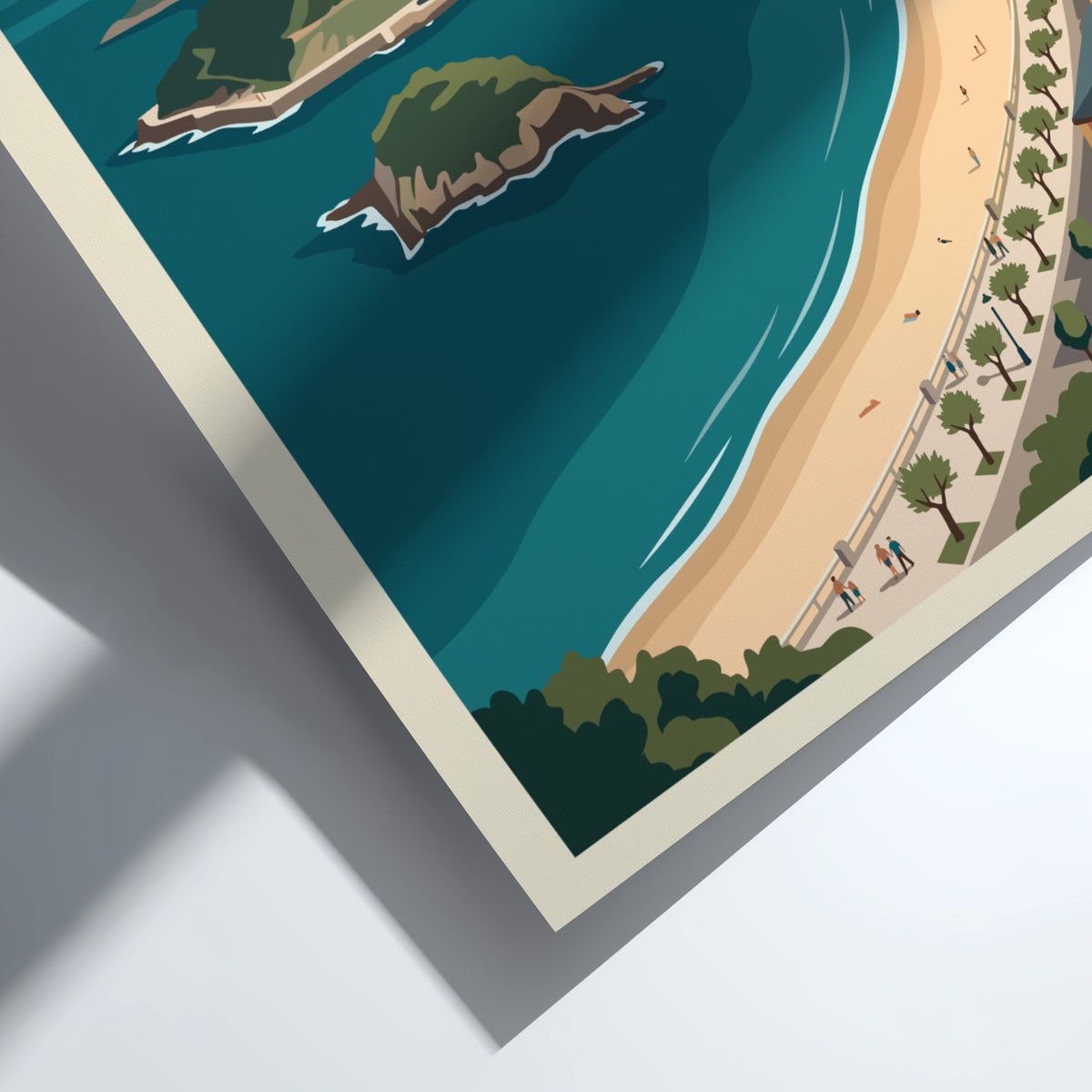 Travel poster of San Sebastian Spain featuring a curved beach and blue water