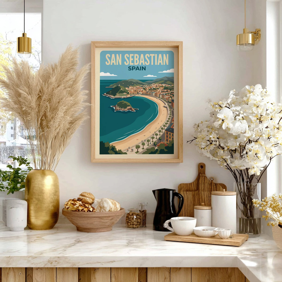 Travel poster of San Sebastian Spain featuring a curved beach and blue water