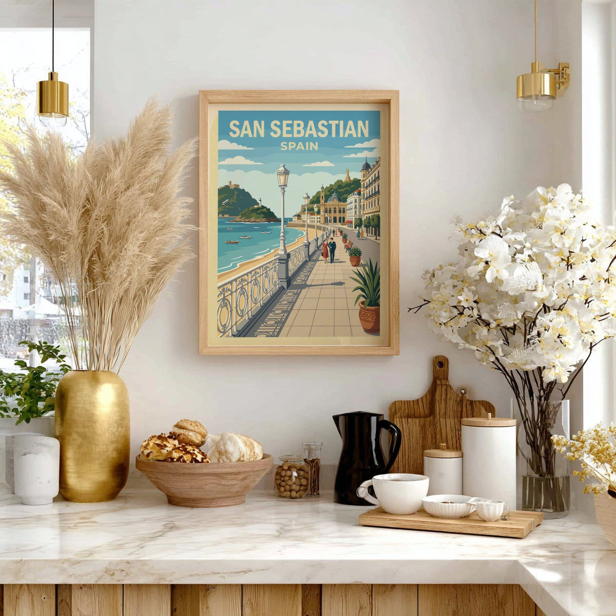 Poster of San Sebastian featuring a seaside promenade with ornate railings and architecture
