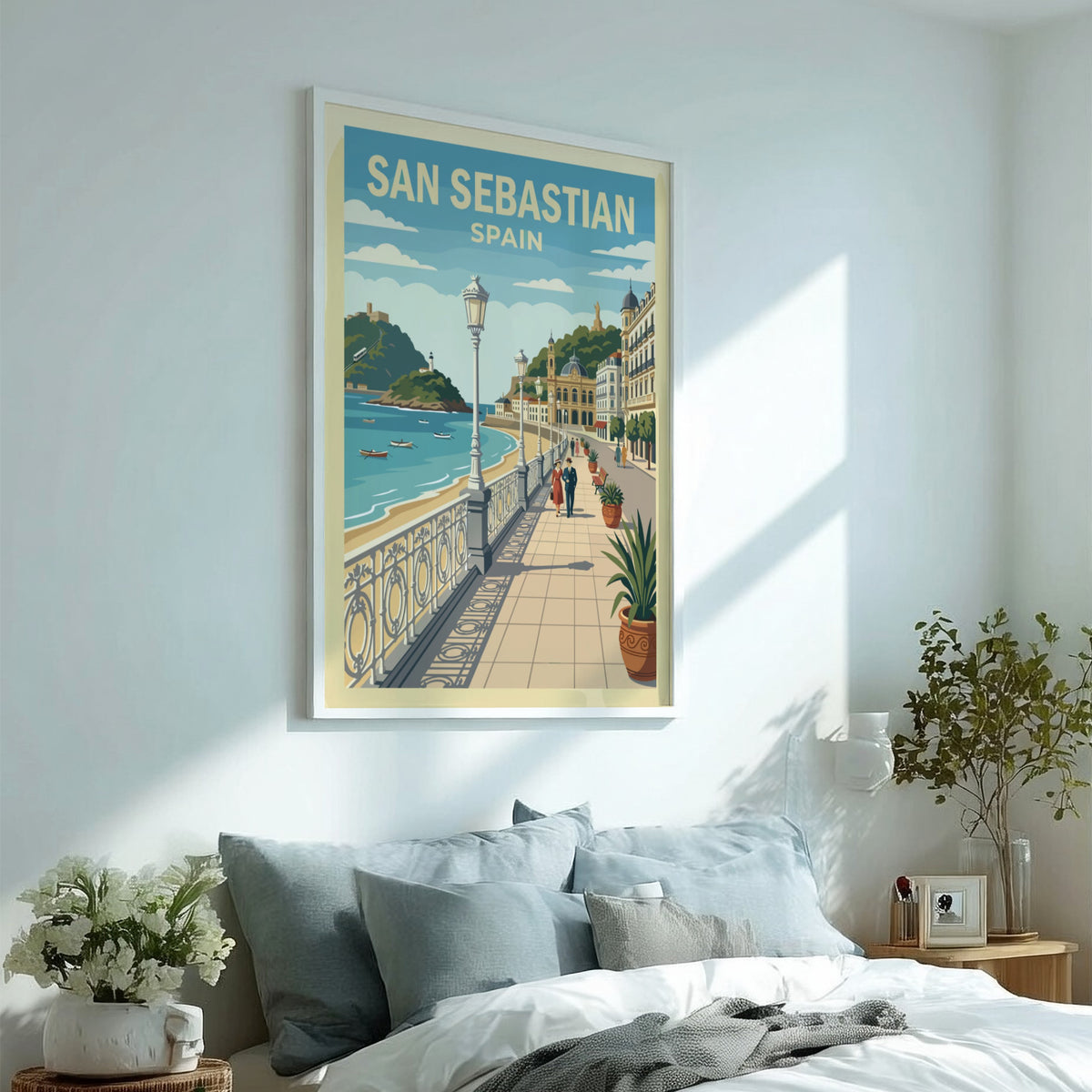 Poster of San Sebastian featuring a seaside promenade with ornate railings and architecture