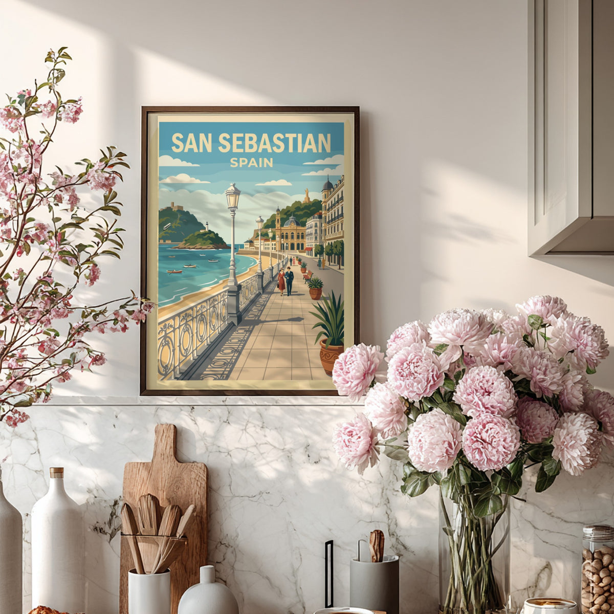 Poster of San Sebastian featuring a seaside promenade with ornate railings and architecture