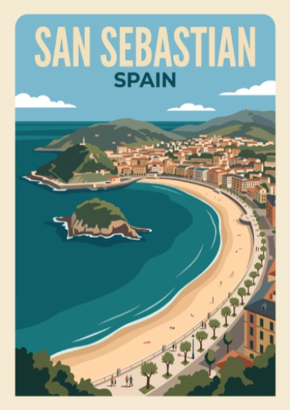 Travel poster of San Sebastian Spain featuring a curved beach and blue water