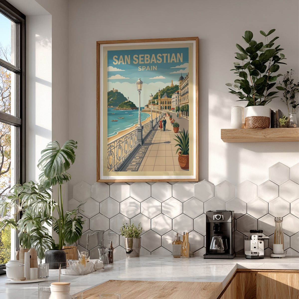 Poster of San Sebastian featuring a seaside promenade with ornate railings and architecture