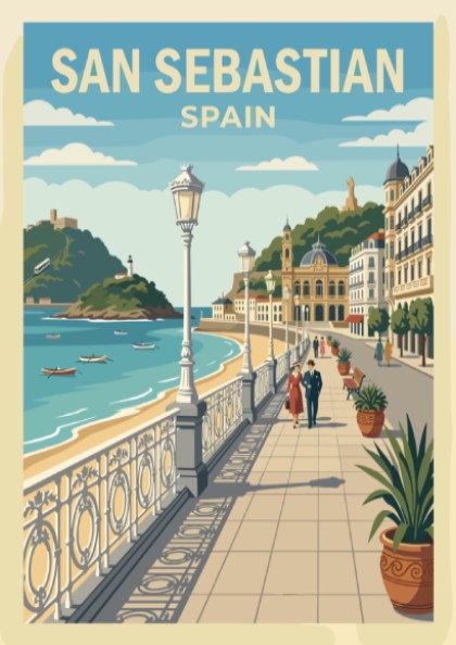 Poster of San Sebastian featuring a seaside promenade with ornate railings and architecture