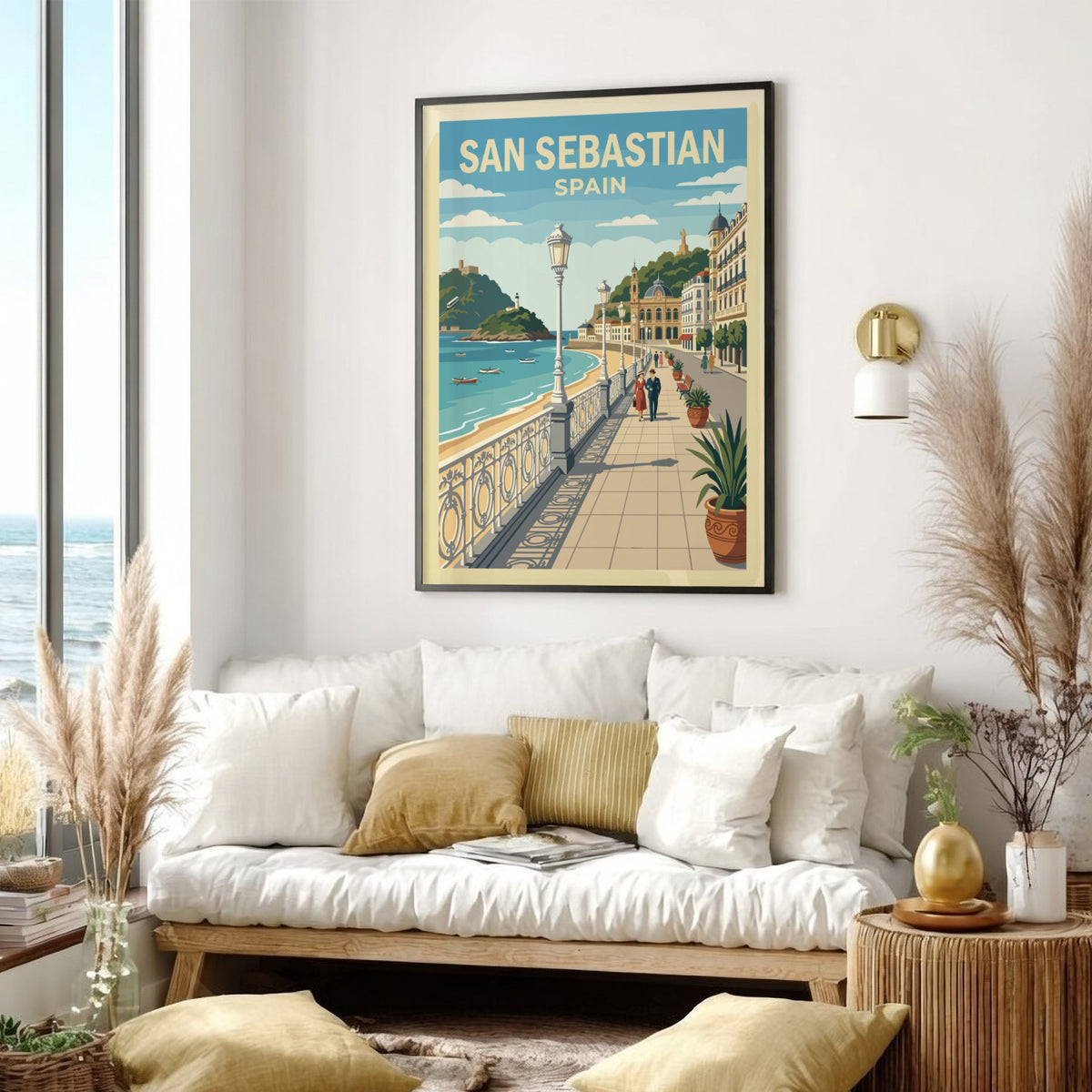 Poster of San Sebastian featuring a seaside promenade with ornate railings and architecture