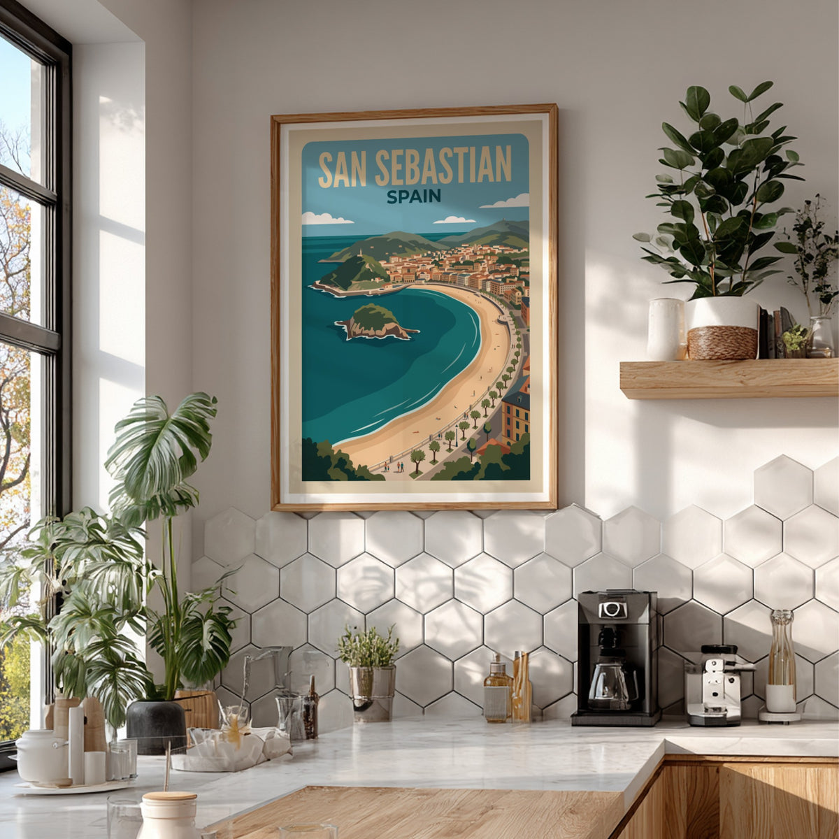 Travel poster of San Sebastian Spain featuring a curved beach and blue water