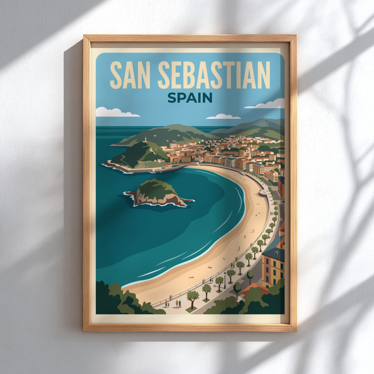 Travel poster of San Sebastian Spain featuring a curved beach and blue water
