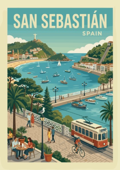 Retro San Sebastian travel poster featuring a coastal bay, promenade, and tram in a vibrant, illustrative