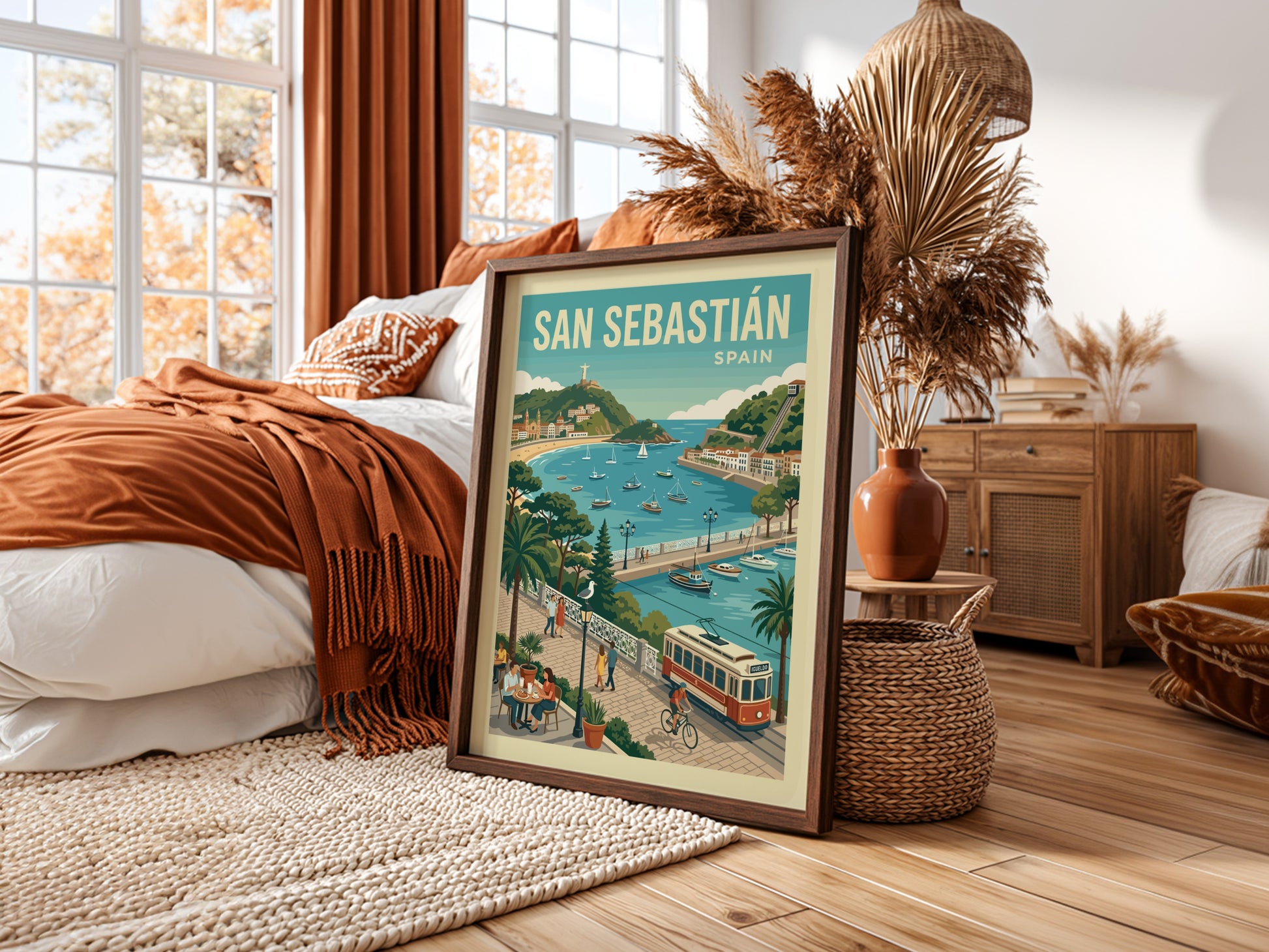 Retro San Sebastian travel poster featuring a coastal bay, promenade, and tram in a vibrant, illustrative