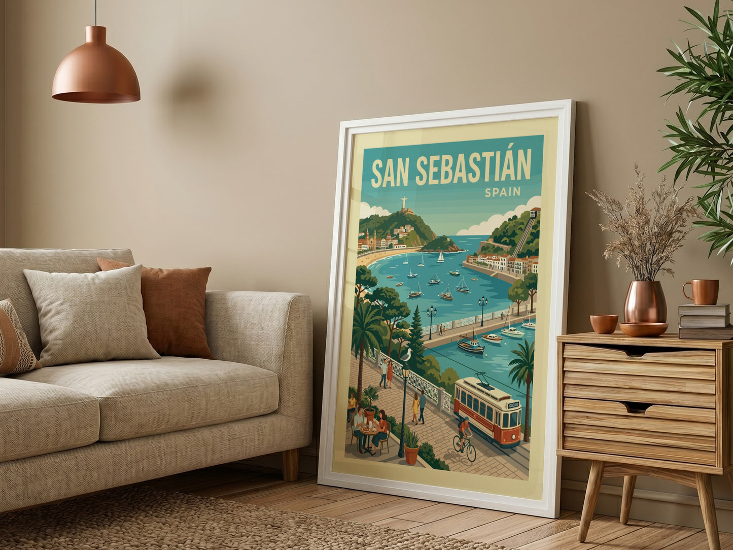 Retro San Sebastian travel poster featuring a coastal bay, promenade, and tram in a vibrant, illustrative