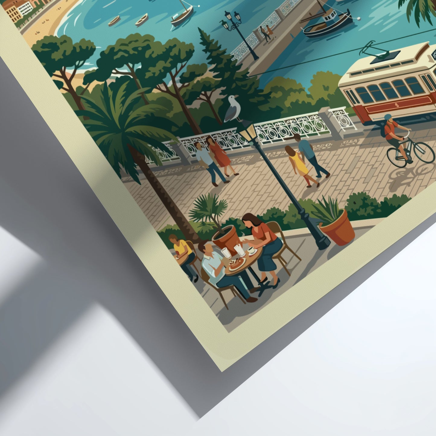 Retro San Sebastian travel poster featuring a coastal bay, promenade, and tram in a vibrant, illustrative