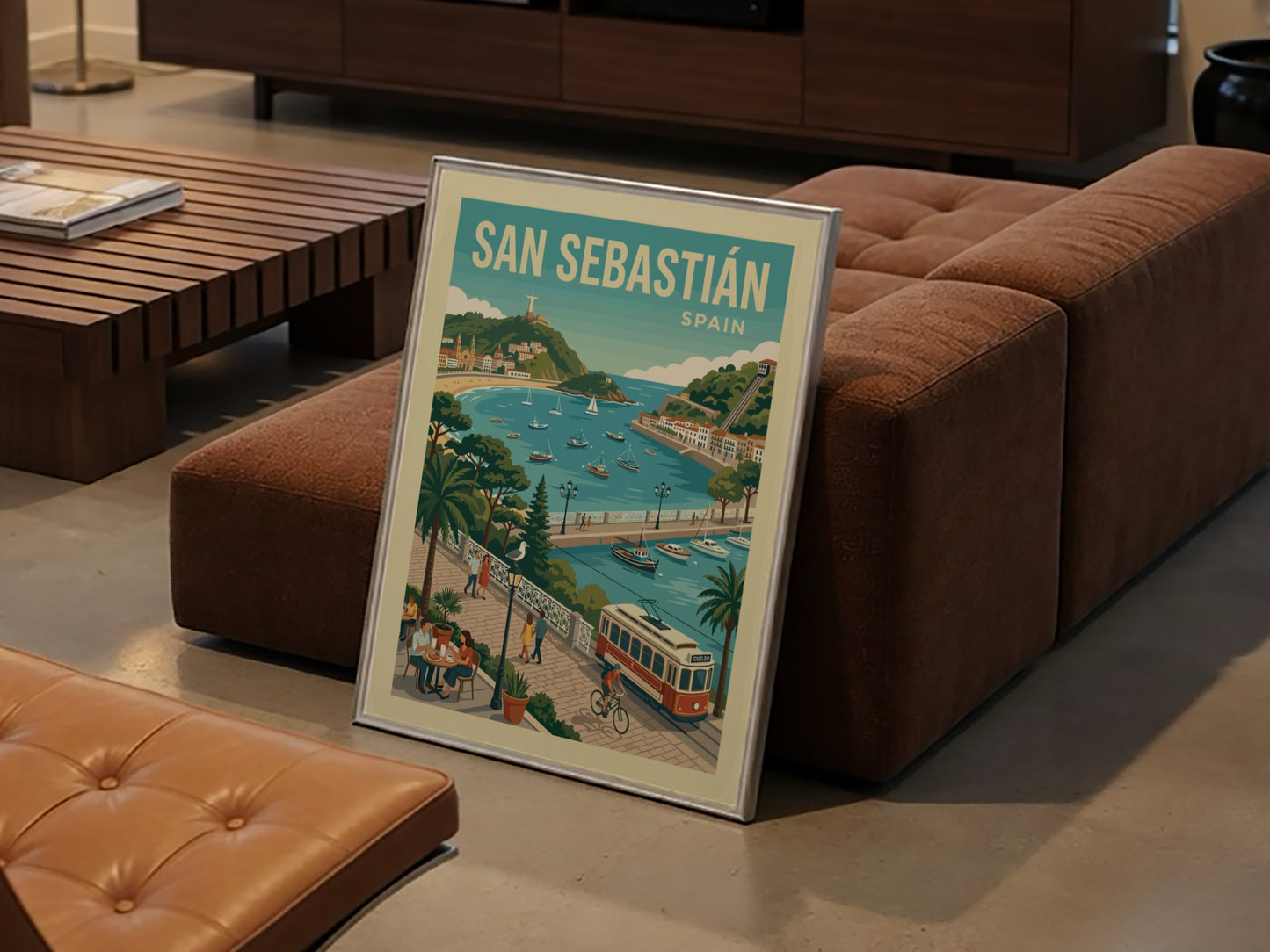 Retro San Sebastian travel poster featuring a coastal bay, promenade, and tram in a vibrant, illustrative