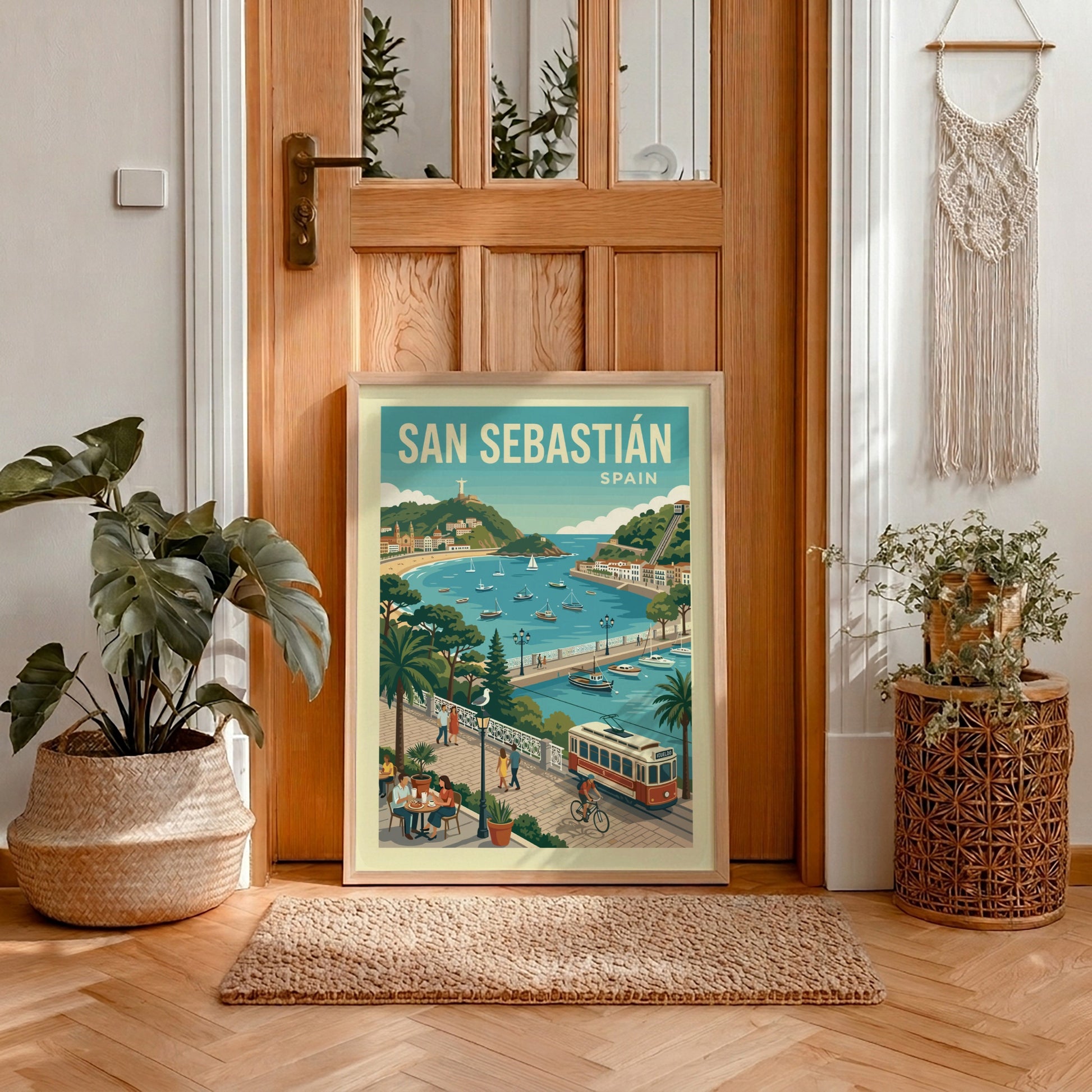 Retro San Sebastian travel poster featuring a coastal bay, promenade, and tram in a vibrant, illustrative