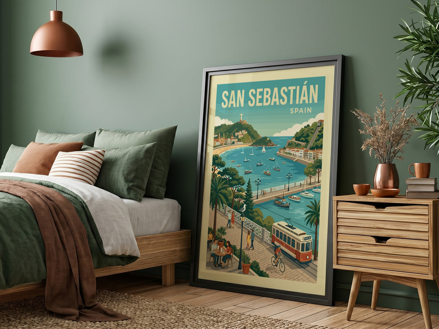 Retro San Sebastian travel poster featuring a coastal bay, promenade, and tram in a vibrant, illustrative