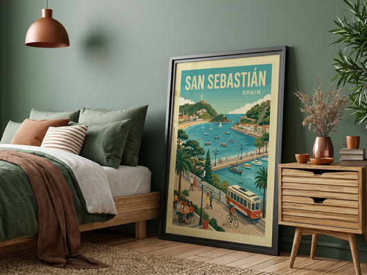 Retro San Sebastian travel poster featuring a coastal bay, promenade, and tram in a vibrant, illustrative