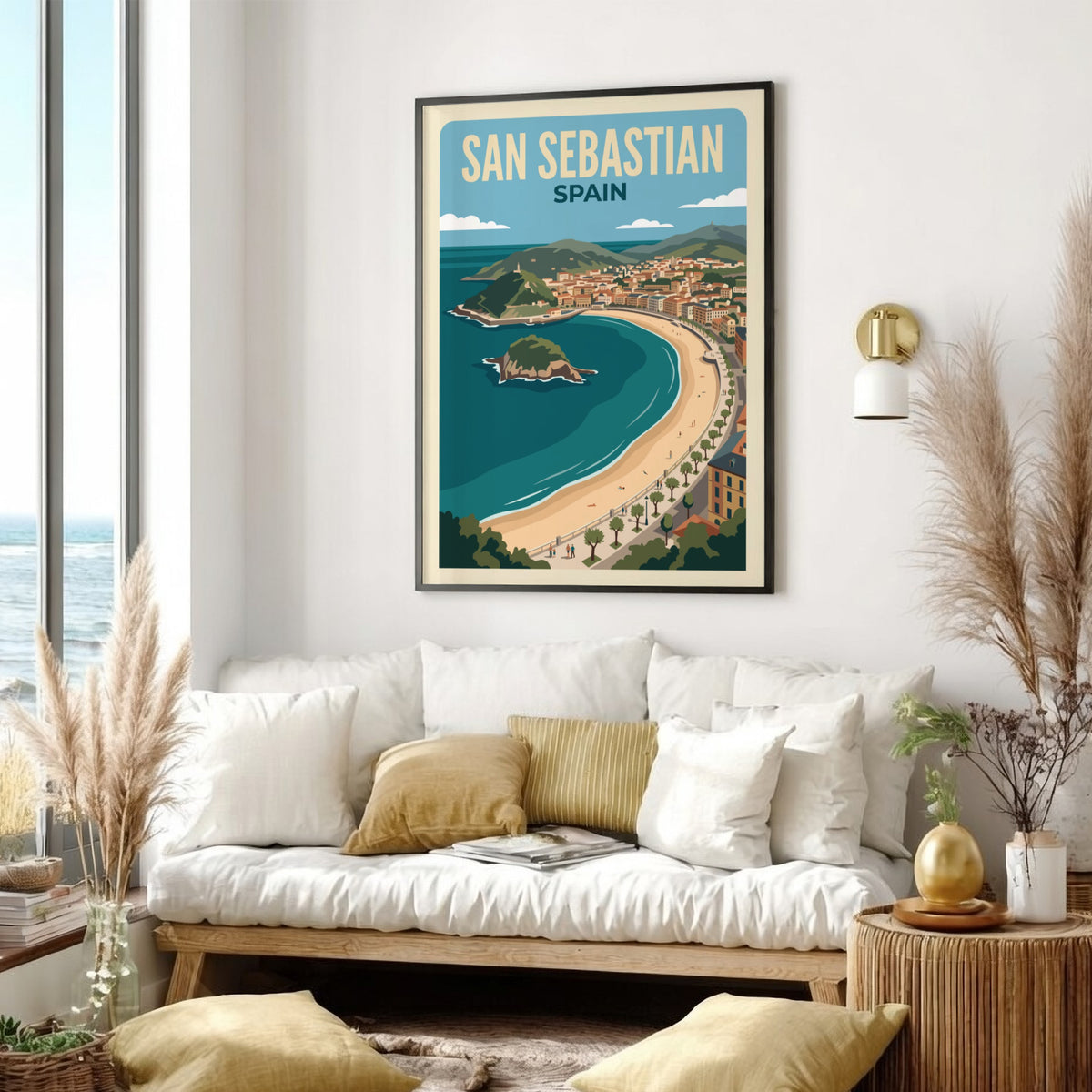 Travel poster of San Sebastian Spain featuring a curved beach and blue water
