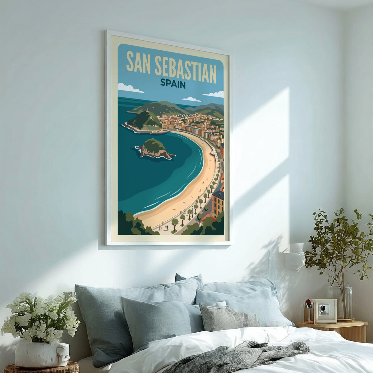 Travel poster of San Sebastian Spain featuring a curved beach and blue water