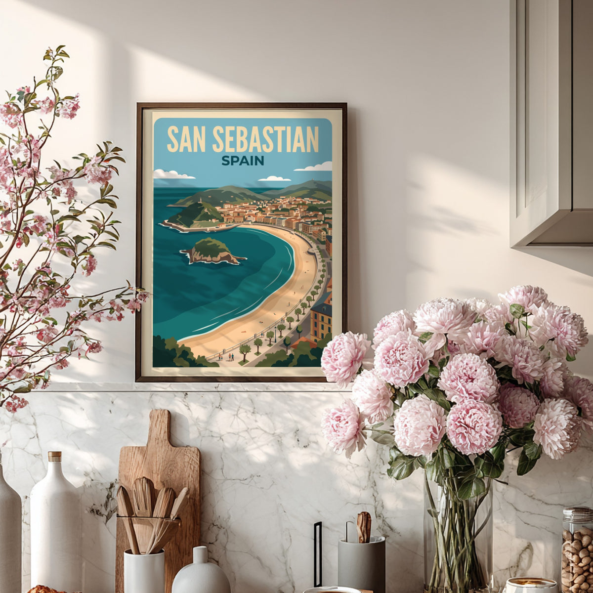 Travel poster of San Sebastian Spain featuring a curved beach and blue water