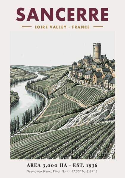 Poster of Sancerre village in Loire Valley with vineyards and river in soft tones