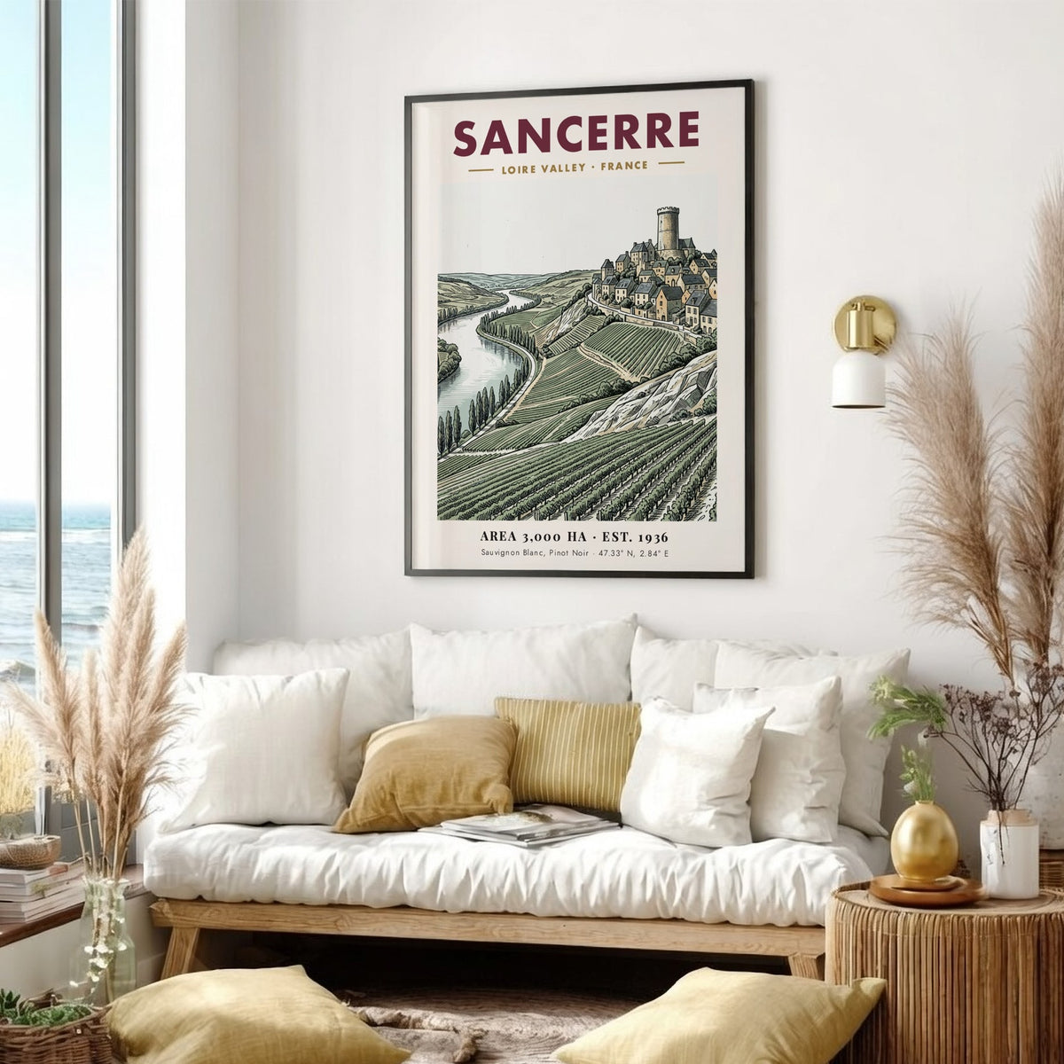 Poster of Sancerre village in Loire Valley with vineyards and river in soft tones