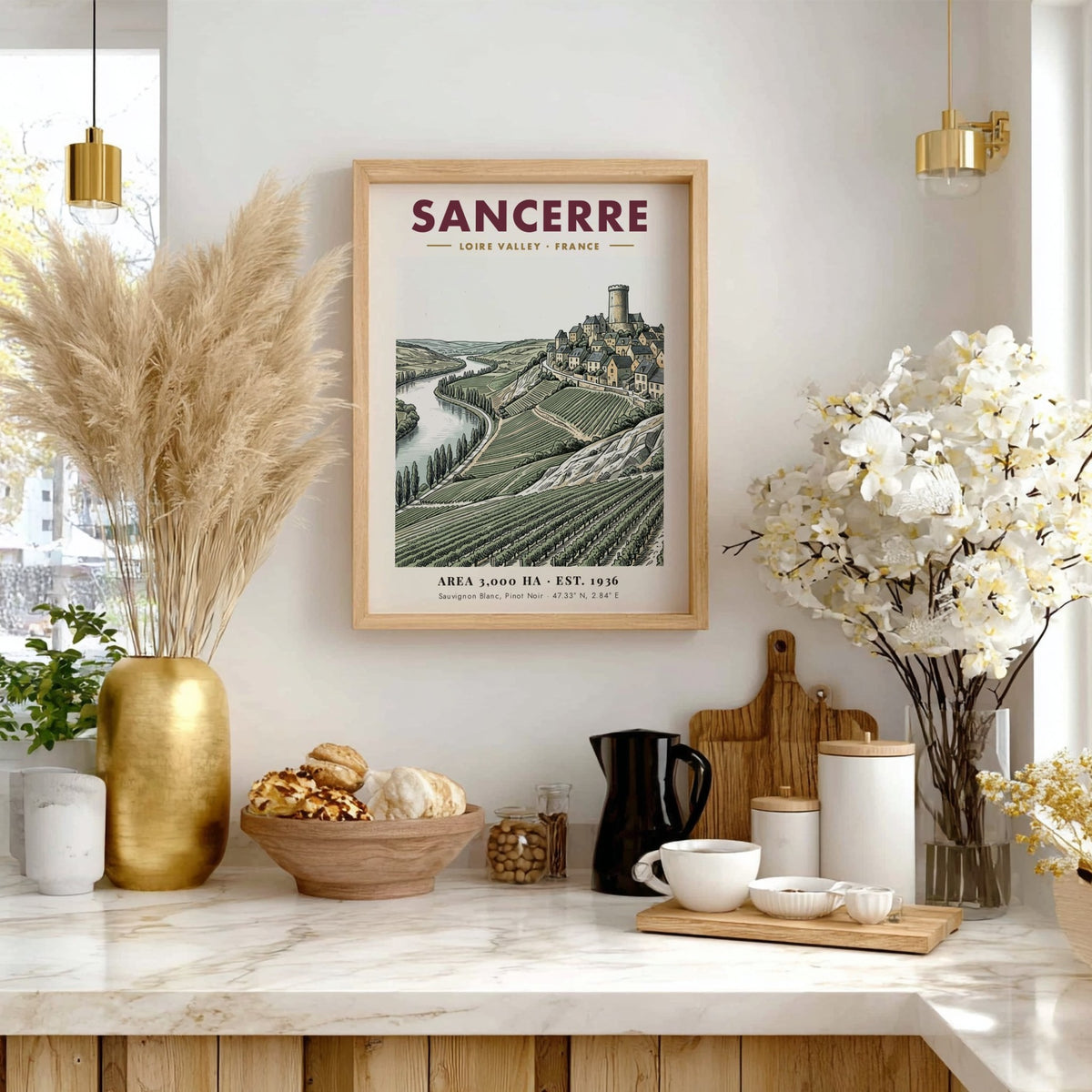 Poster of Sancerre village in Loire Valley with vineyards and river in soft tones