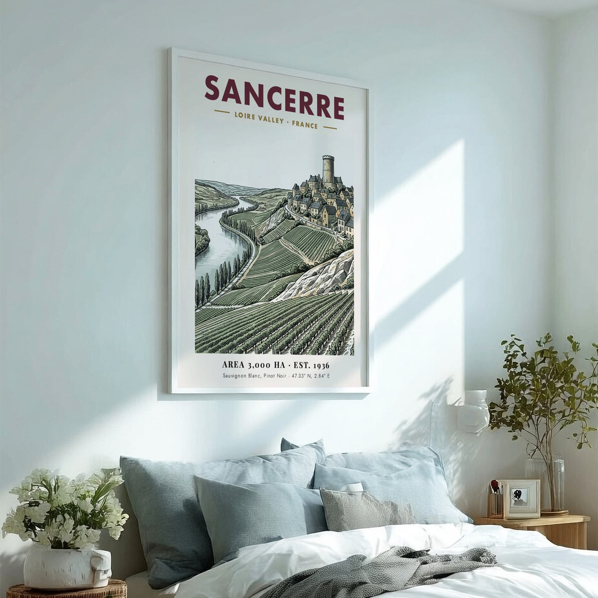 Poster of Sancerre village in Loire Valley with vineyards and river in soft tones