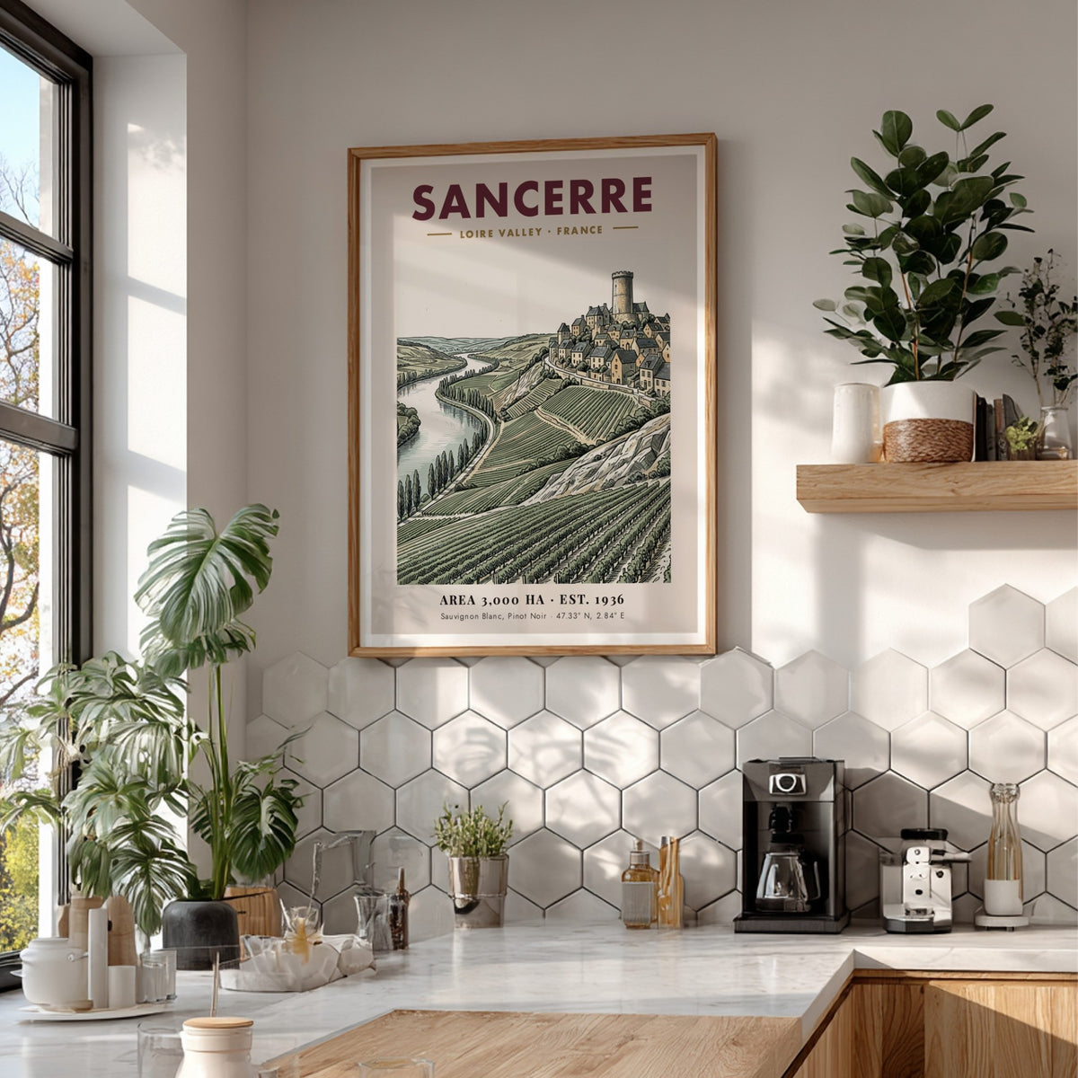 Poster of Sancerre village in Loire Valley with vineyards and river in soft tones