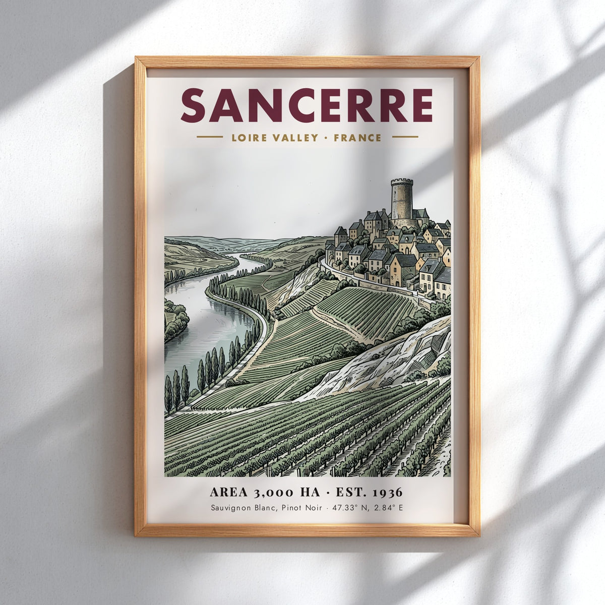 Poster of Sancerre village in Loire Valley with vineyards and river in soft tones