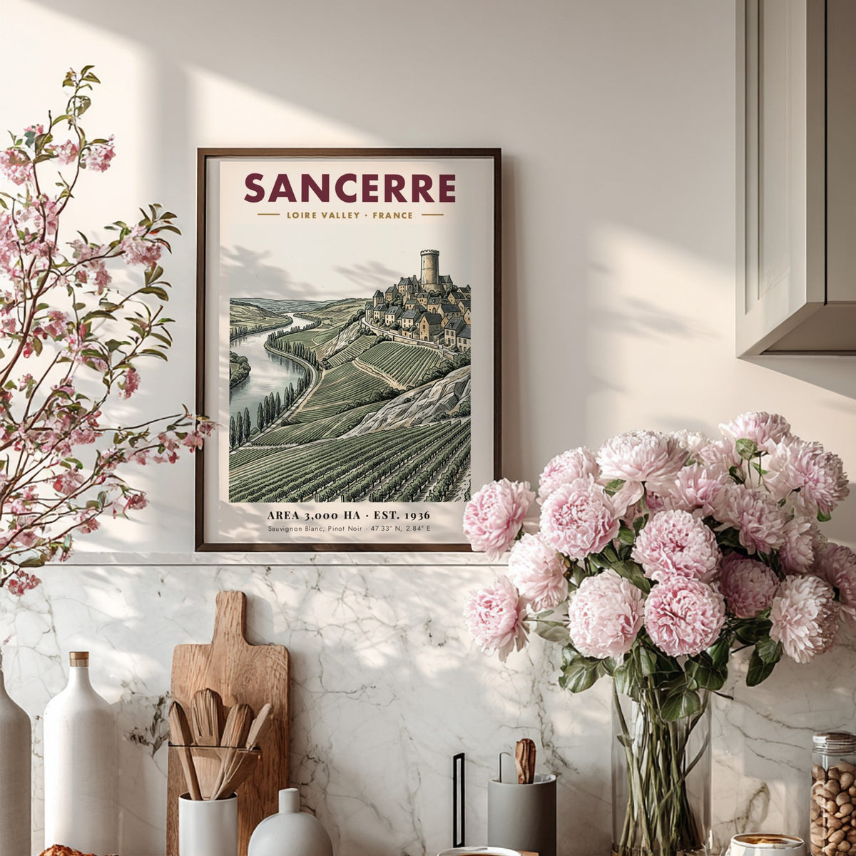 Poster of Sancerre village in Loire Valley with vineyards and river in soft tones