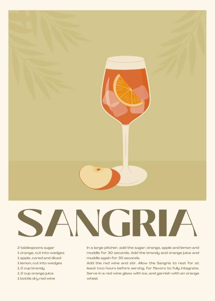 Illustration of a glass of sangria with an orange slice on a beige background