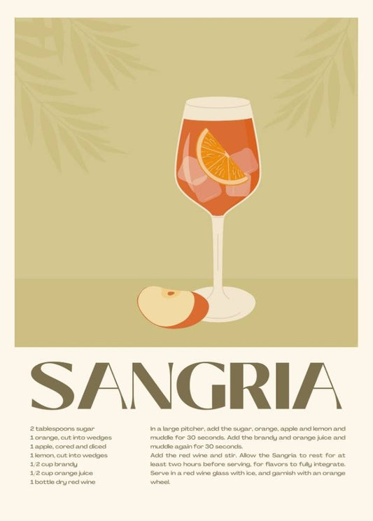 Illustration of a glass of sangria with an orange slice on a beige background