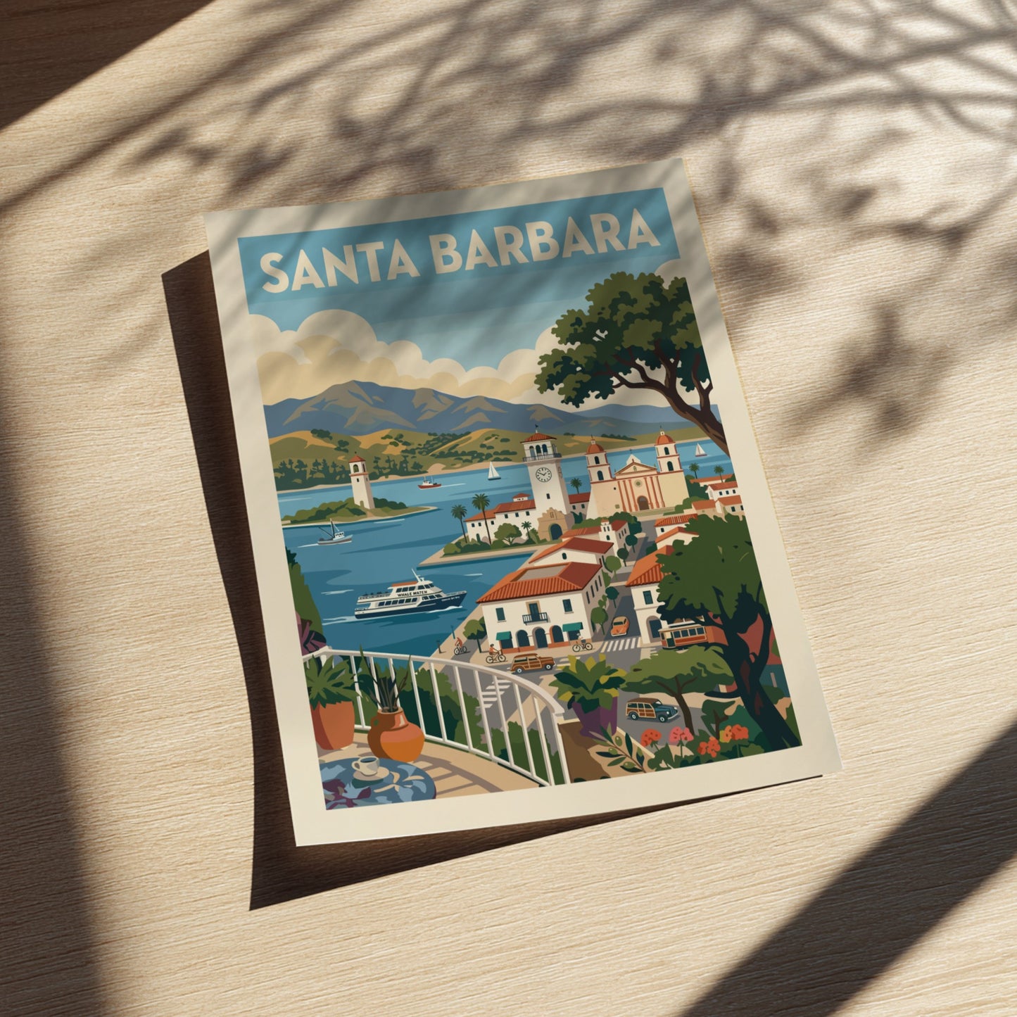 Retro travel poster print of Santa Barbara featuring coastal scenery, architecture, and boats.