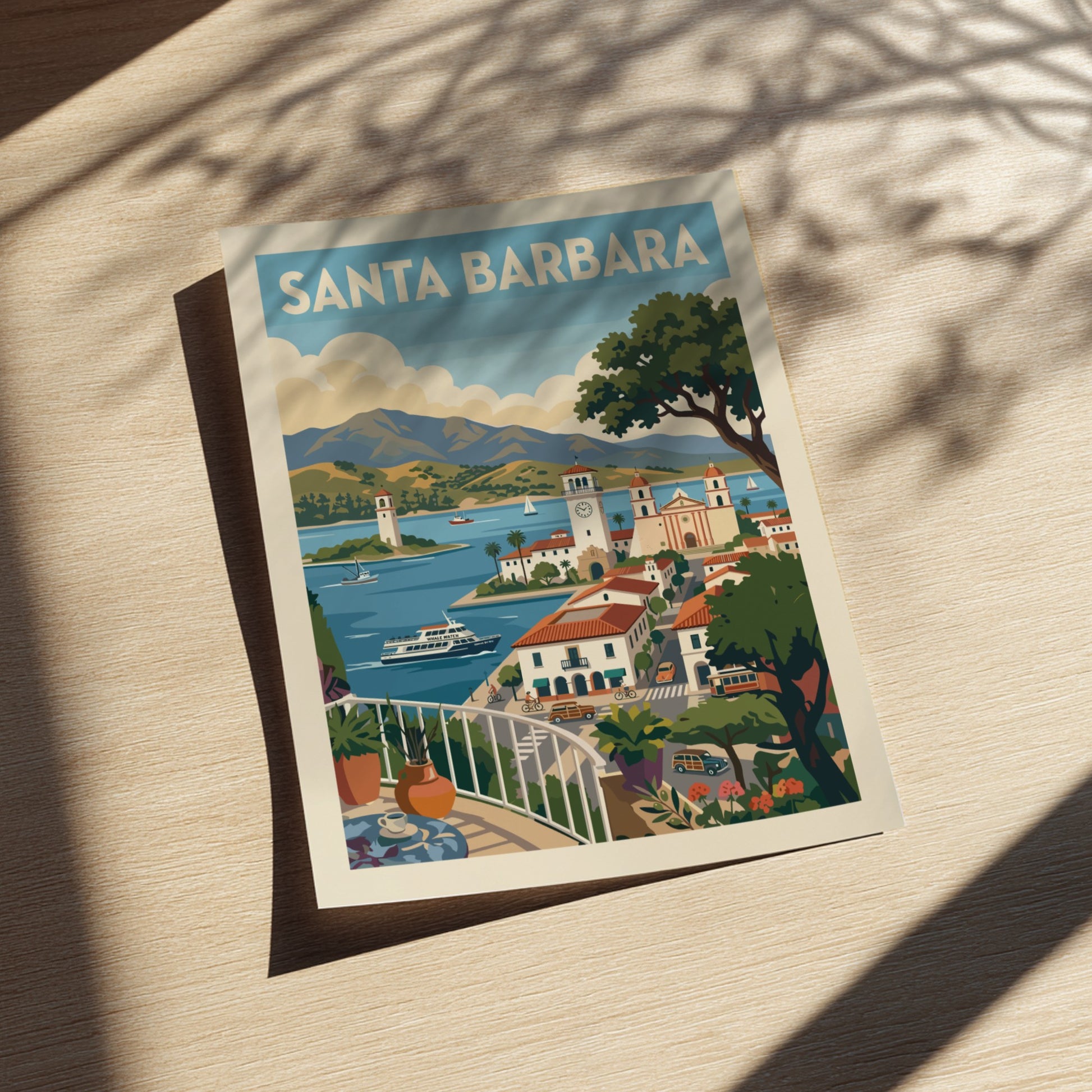 Retro travel poster print of Santa Barbara featuring coastal scenery, architecture, and boats.