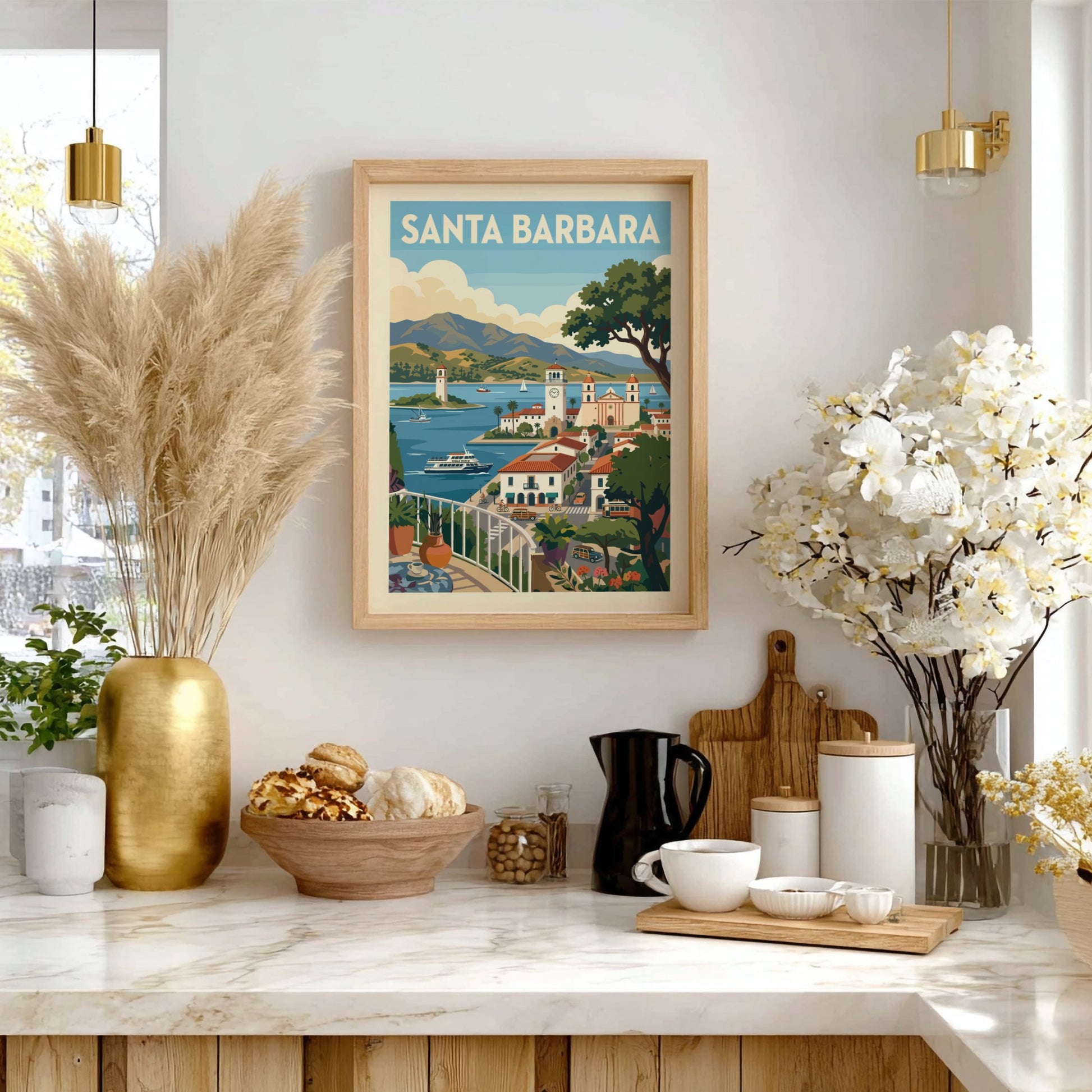Retro travel poster print of Santa Barbara featuring coastal scenery, architecture, and boats.